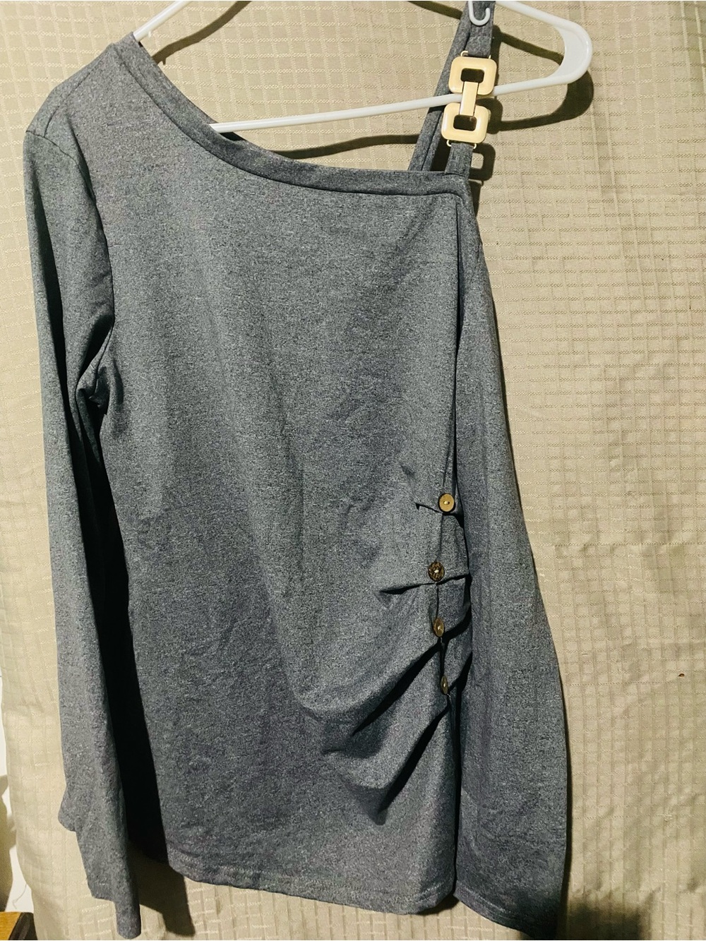 SHEIN Gray One-Shoulder Long Sleeve Top with Button Accent